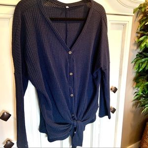 Long sleep waffle print top